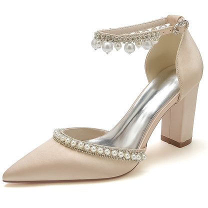 Chaussures de Soirée à Talon Épais et Bout Fermé En Satin de Soie pour Femmes avec Bride à la Cheville et Perles et Strass