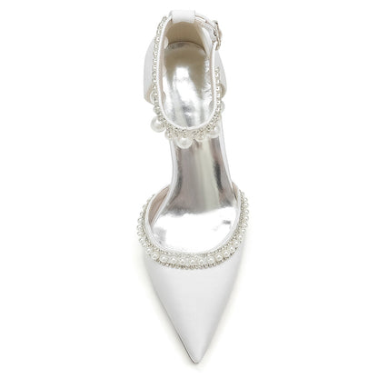 Chaussures de Soirée à Talon Épais et Bout Fermé En Satin de Soie pour Femmes avec Bride à la Cheville et Perles et Strass