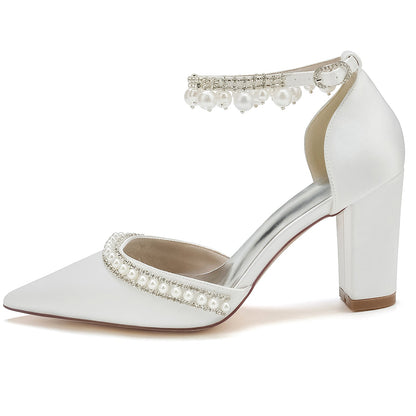 Chaussures de Soirée à Talon Épais et Bout Fermé En Satin de Soie pour Femmes avec Bride à la Cheville et Perles et Strass