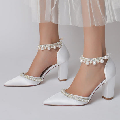 Chaussures de Soirée à Talon Épais et Bout Fermé En Satin de Soie pour Femmes avec Bride à la Cheville et Perles et Strass