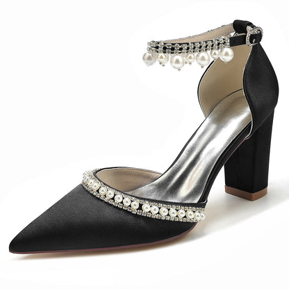 Chaussures de Soirée à Talon Épais et Bout Fermé En Satin de Soie pour Femmes avec Bride à la Cheville et Perles et Strass