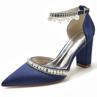 Chaussures de Soirée à Talon Épais et Bout Fermé En Satin de Soie pour Femmes avec Bride à la Cheville et Perles et Strass