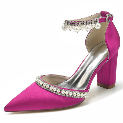 Chaussures de Soirée à Talon Épais et Bout Fermé En Satin de Soie pour Femmes avec Bride à la Cheville et Perles et Strass
