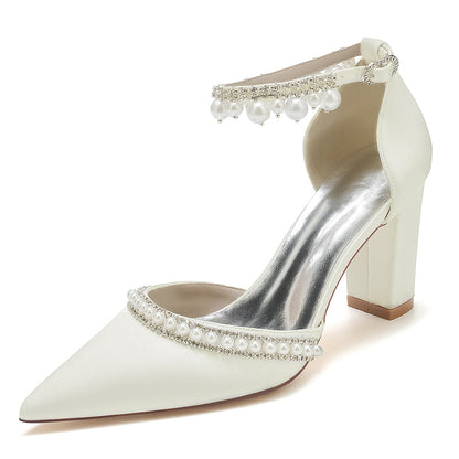 Chaussures de Soirée à Talon Épais et Bout Fermé En Satin de Soie pour Femmes avec Bride à la Cheville et Perles et Strass
