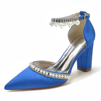 Chaussures de Soirée à Talon Épais et Bout Fermé En Satin de Soie pour Femmes avec Bride à la Cheville et Perles et Strass
