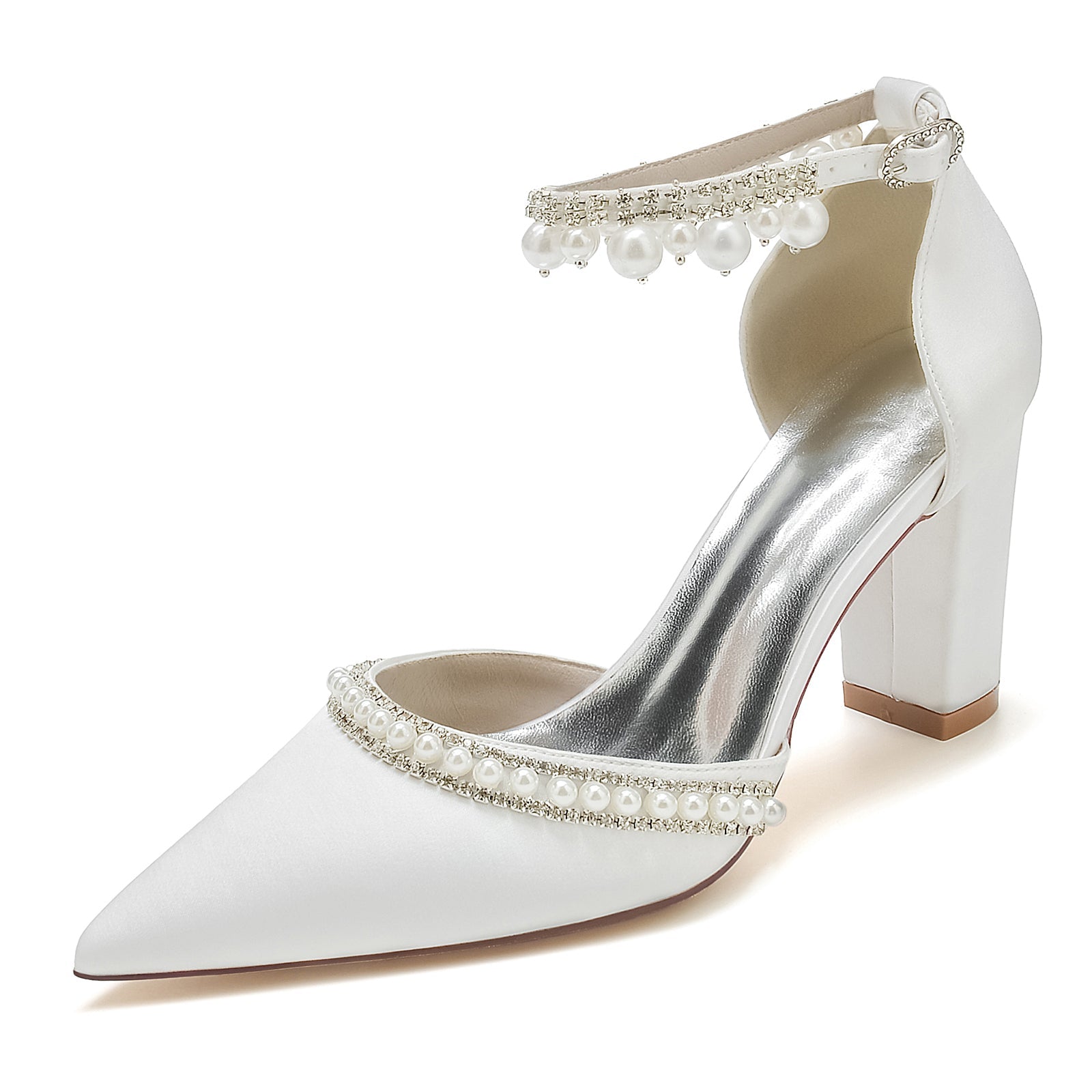 Chaussures de Soirée à Talon Épais et Bout Fermé En Satin de Soie pour Femmes avec Bride à la Cheville et Perles et Strass