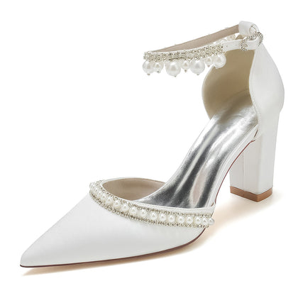 Chaussures de Soirée à Talon Épais et Bout Fermé En Satin de Soie pour Femmes avec Bride à la Cheville et Perles et Strass