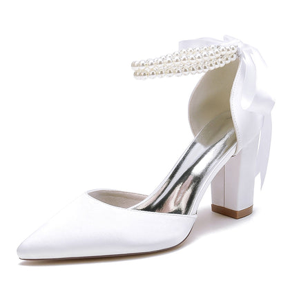Chaussures de Mariage à Talons Épais En Satin de Soie pour Femmes avec Bride à la Cheville et Lacets avec Perles et Bout Fermé