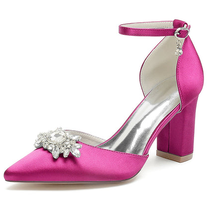 Chaussures de Soirée à Bout Fermé En Satin de Soie pour Femmes avec Bride à la Cheville et Talon Épais et Strass