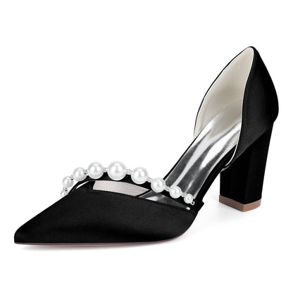 Chaussures de Mariage à Bout Fermé en Satin de Soie Pour Femmes avec Talon Épais et Perles