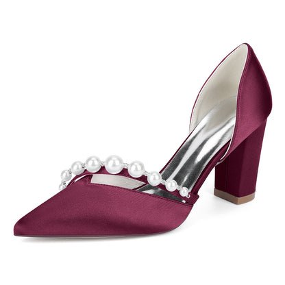 Chaussures de Mariage à Bout Fermé en Satin de Soie Pour Femmes avec Talon Épais et Perles