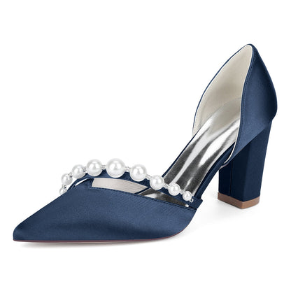 Chaussures de Mariage à Bout Fermé en Satin de Soie Pour Femmes avec Talon Épais et Perles