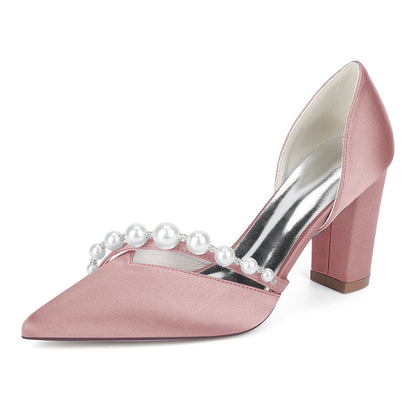 Chaussures de Mariage à Bout Fermé en Satin de Soie Pour Femmes avec Talon Épais et Perles
