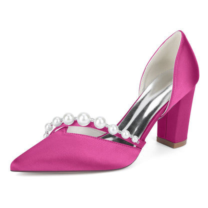 Chaussures de Mariage à Bout Fermé en Satin de Soie Pour Femmes avec Talon Épais et Perles