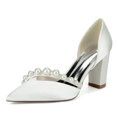 Chaussures de Mariage à Bout Fermé en Satin de Soie Pour Femmes avec Talon Épais et Perles
