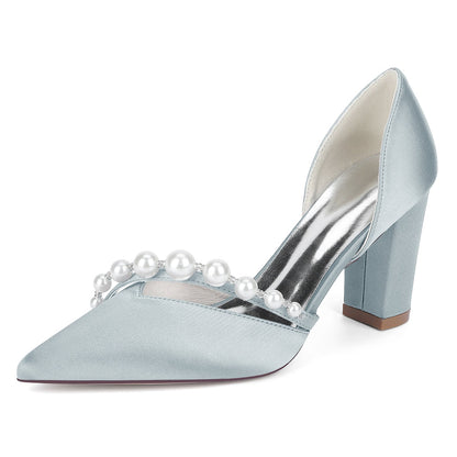 Chaussures de Mariage à Bout Fermé en Satin de Soie Pour Femmes avec Talon Épais et Perles