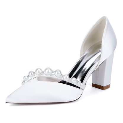 Chaussures de Mariage à Bout Fermé en Satin de Soie Pour Femmes avec Talon Épais et Perles