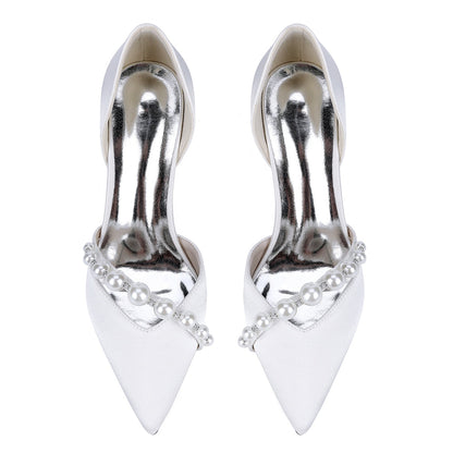Chaussures de Mariage à Bout Fermé en Satin de Soie Pour Femmes avec Talon Épais et Perles