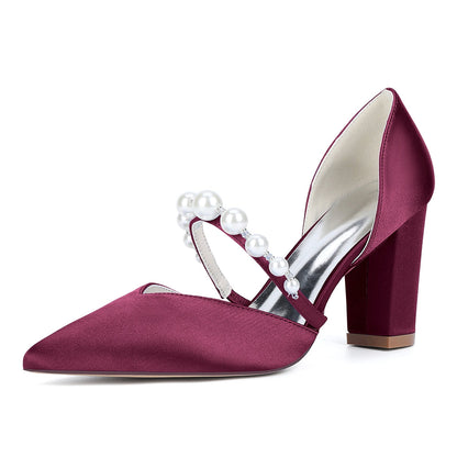 Chaussures de Mariage à Bout Fermé en Satin de Soie Pour Femmes avec Talon Épais et Perles
