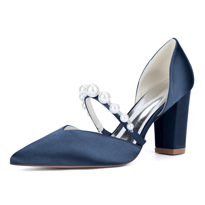 Chaussures de Mariage à Bout Fermé en Satin de Soie Pour Femmes avec Talon Épais et Perles