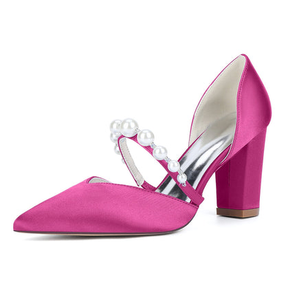 Chaussures de Mariage à Bout Fermé en Satin de Soie Pour Femmes avec Talon Épais et Perles