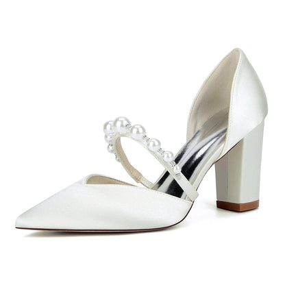 Chaussures de Mariage à Bout Fermé en Satin de Soie Pour Femmes avec Talon Épais et Perles