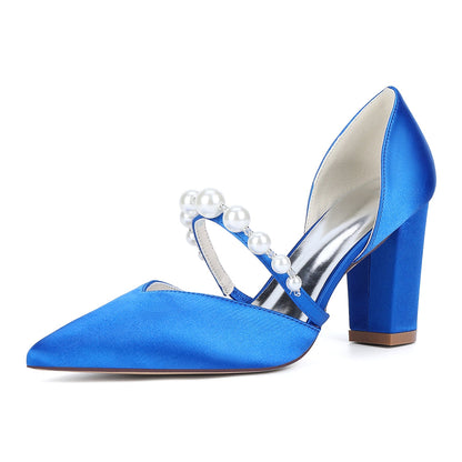 Chaussures de Mariage à Bout Fermé en Satin de Soie Pour Femmes avec Talon Épais et Perles