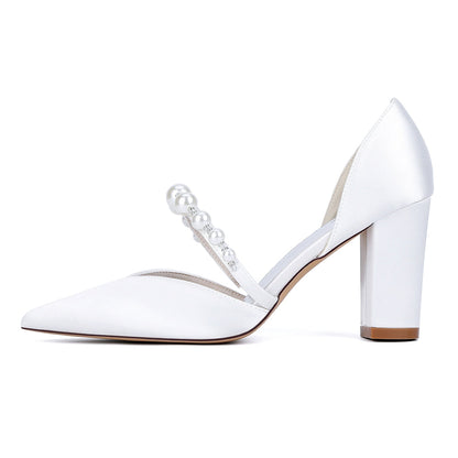 Chaussures de Mariage à Bout Fermé en Satin de Soie Pour Femmes avec Talon Épais et Perles