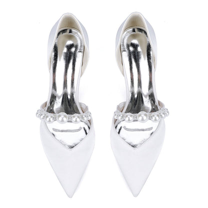 Chaussures de Mariage à Bout Fermé en Satin de Soie Pour Femmes avec Talon Épais et Perles