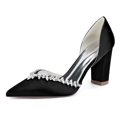 Chaussures de Mariage à Talons Épais et Bout Fermé en Satin de Soie Pour Femmes avec Strass