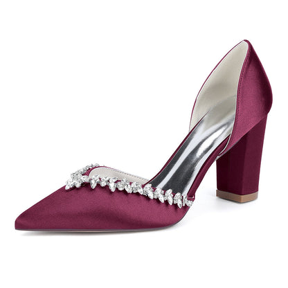 Chaussures de Mariage à Talons Épais et Bout Fermé en Satin de Soie Pour Femmes avec Strass