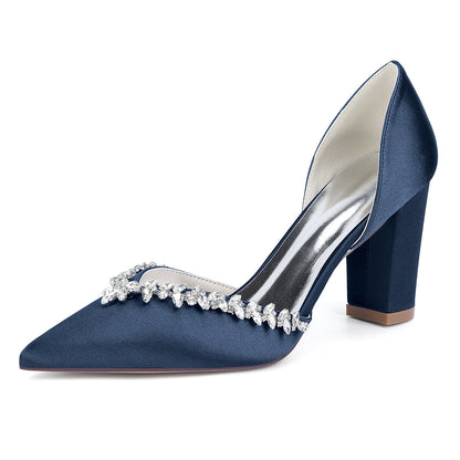 Chaussures de Mariage à Talons Épais et Bout Fermé en Satin de Soie Pour Femmes avec Strass