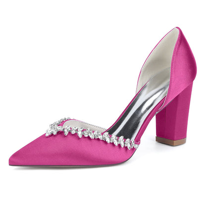 Chaussures de Mariage à Talons Épais et Bout Fermé en Satin de Soie Pour Femmes avec Strass