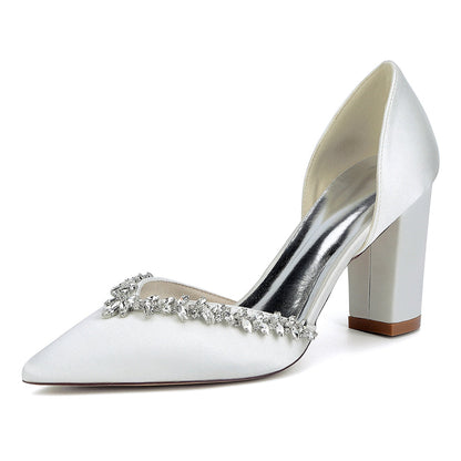 Chaussures de Mariage à Talons Épais et Bout Fermé en Satin de Soie Pour Femmes avec Strass
