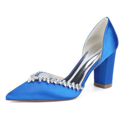Chaussures de Mariage à Talons Épais et Bout Fermé en Satin de Soie Pour Femmes avec Strass