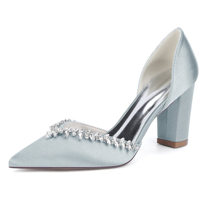 Chaussures de Mariage à Talons Épais et Bout Fermé en Satin de Soie Pour Femmes avec Strass