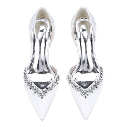 Chaussures de Mariage à Talons Épais et Bout Fermé en Satin de Soie Pour Femmes avec Strass