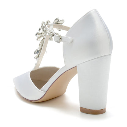 Chaussures de Mariage à Bout Fermé En Satin de Soie et Strass pour Femmes