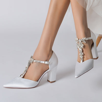 Chaussures de Mariage à Bout Fermé En Satin de Soie et Strass pour Femmes