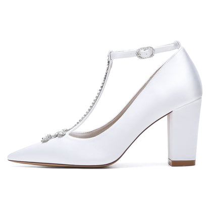 Chaussures de Soirée à Talon Épais et Bout Fermé En Satin de Soie pour Femmes avec Bride à la Cheville et Strass