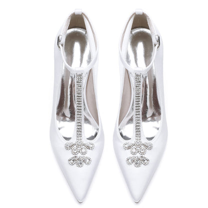 Chaussures de Soirée à Talon Épais et Bout Fermé En Satin de Soie pour Femmes avec Bride à la Cheville et Strass