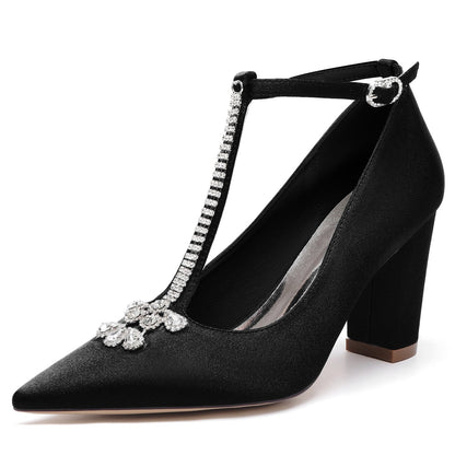Chaussures de Soirée à Talon Épais et Bout Fermé En Satin de Soie pour Femmes avec Bride à la Cheville et Strass