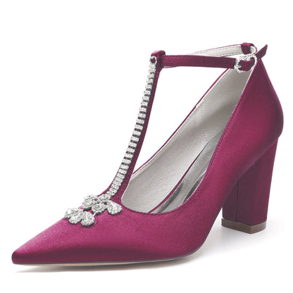 Chaussures de Soirée à Talon Épais et Bout Fermé En Satin de Soie pour Femmes avec Bride à la Cheville et Strass