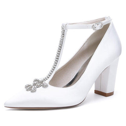 Chaussures de Soirée à Talon Épais et Bout Fermé En Satin de Soie pour Femmes avec Bride à la Cheville et Strass