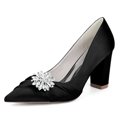 Chaussures de Mariage à Talon Épais et Bout Fermé en Satin de Soie Pour Femmes avec Strass