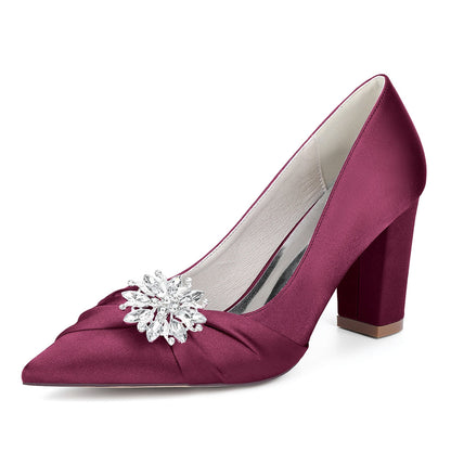 Chaussures de Mariage à Talon Épais et Bout Fermé en Satin de Soie Pour Femmes avec Strass