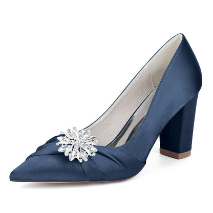Chaussures de Mariage à Talon Épais et Bout Fermé en Satin de Soie Pour Femmes avec Strass