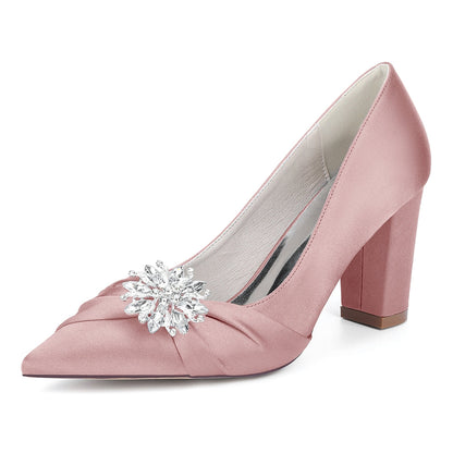 Chaussures de Mariage à Talon Épais et Bout Fermé en Satin de Soie Pour Femmes avec Strass