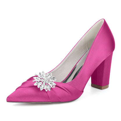 Chaussures de Mariage à Talon Épais et Bout Fermé en Satin de Soie Pour Femmes avec Strass
