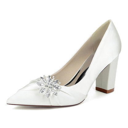 Chaussures de Mariage à Talon Épais et Bout Fermé en Satin de Soie Pour Femmes avec Strass